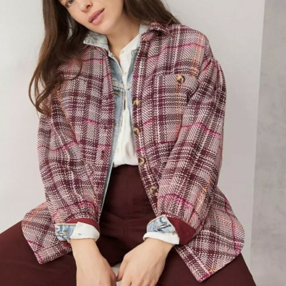 Anthropologie Hudson Pink Plaid Shirt Jacket Shacket Size XS